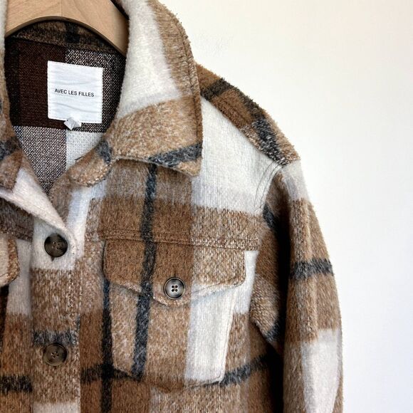 Avec Les Filles Womens Plaid Shacket Cognac Brown Jacket Size Medium Long Sleeve - Picture 4 of 15